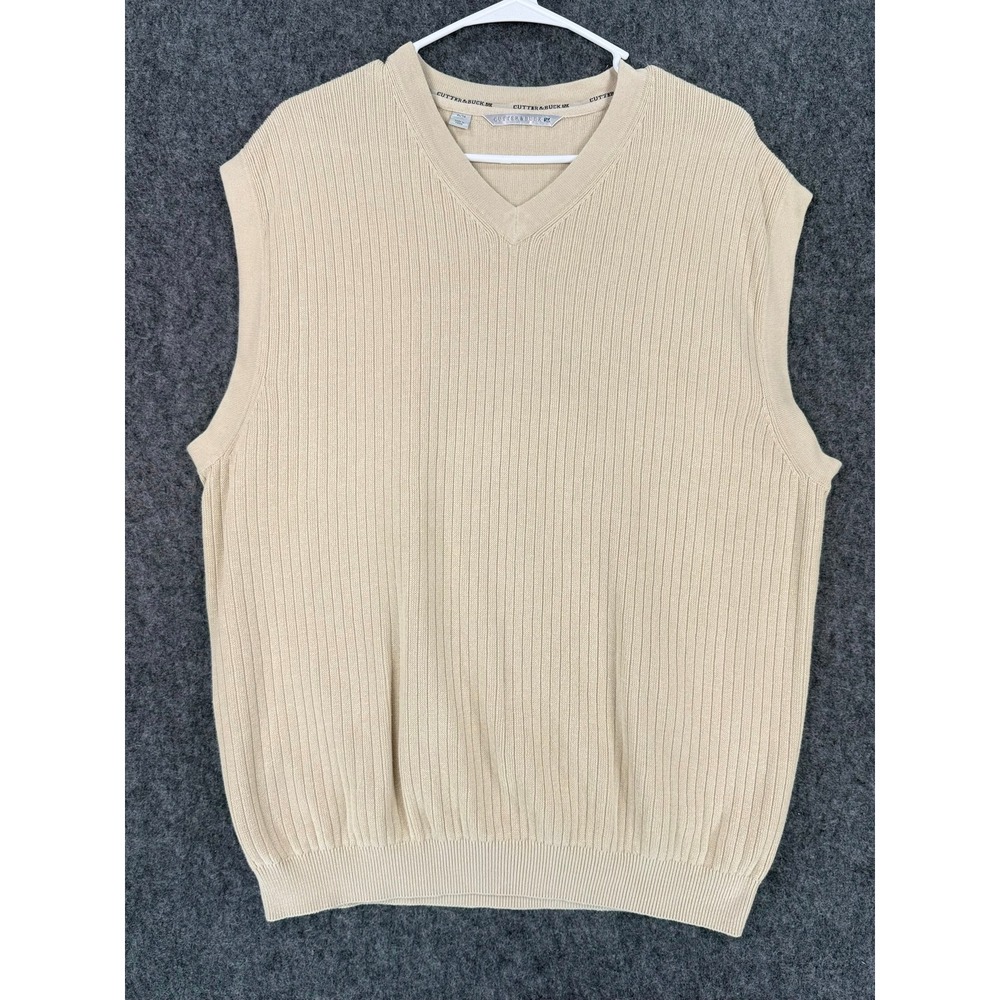 Cutter & Buck Mens XL Tan Beige V-Neck Ribbed 100% Cotton Sweater Vest MCS07029